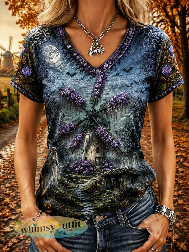 Women’s Blue Dutch Halloween Saffron Windmill Print V-neck T-shirt - Deep Blue / S