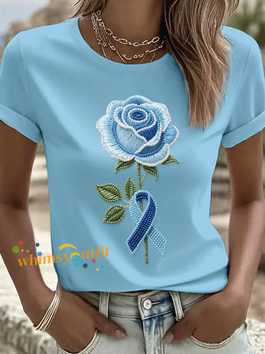 Women’s Blue Rose Beaded Embroidered T Shirt Blue / S