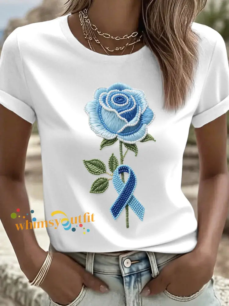 Women’s Blue Rose Beaded Embroidered T Shirt White / S