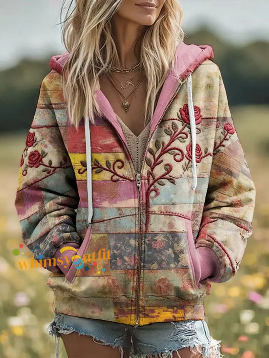 Women’s Boho Breast Cancer Awareness Floral Art Printed Coat As picture / S