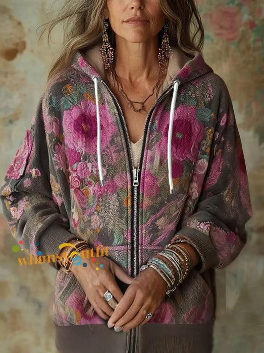Women’s Boho Breast Cancer Awareness Floral Art Printed Coat As picture / S