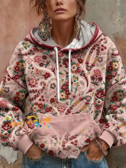 Women’s Boho Breast Cancer Awareness Floral Art Printed Hoodie Pink / S