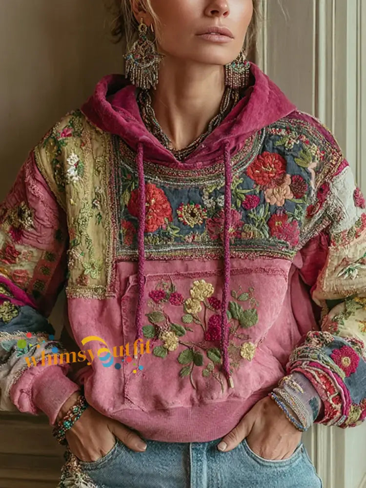 Women’s botanical floral print Drawstring Hoodie Pink / S