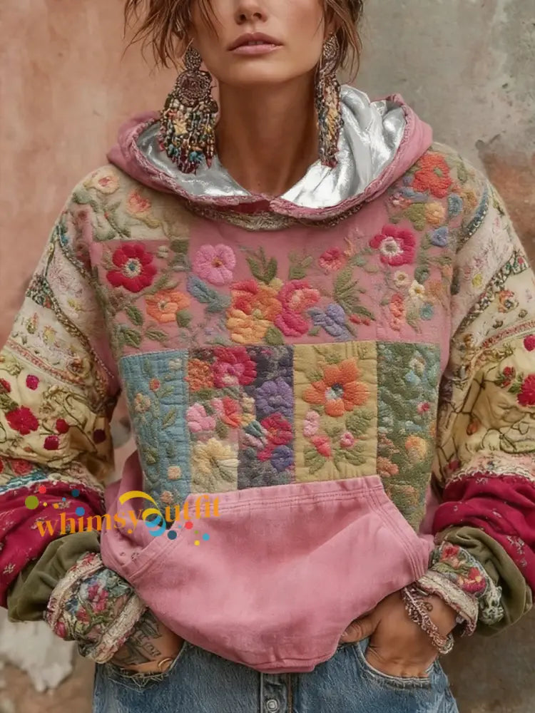 Women’s botanical floral print hoodie Pink / S