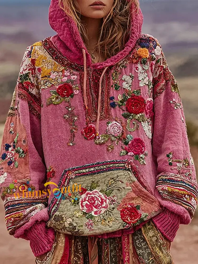 Women’s botanical floral print hoodie Pink / S