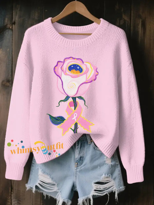 Women’s Breast Cancer Art Print Cozy Knit Sweater As picture / S