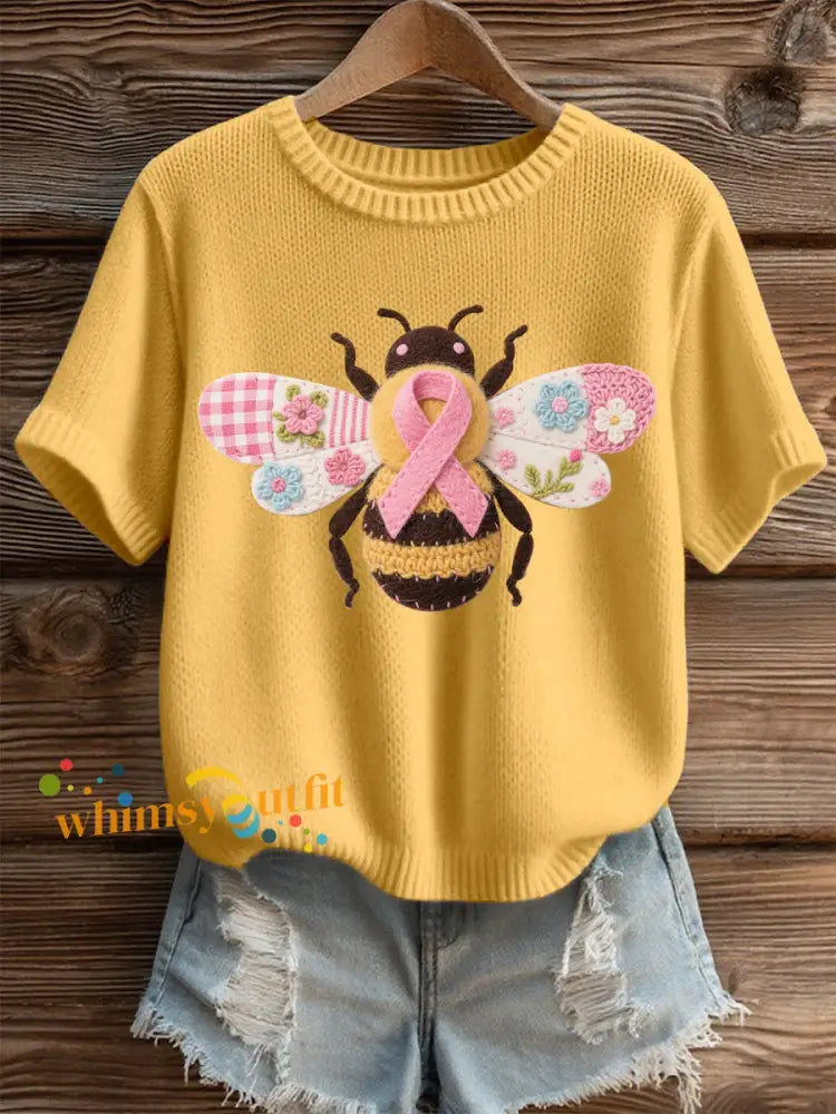 Women’s Breast Cancer Awareness Bee Print Casual T Shirt Yellow / S