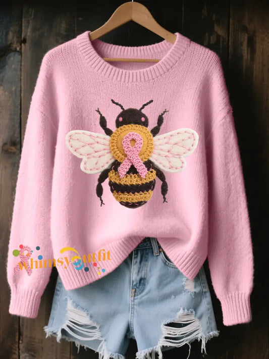 Women’s Breast Cancer Awareness Bee Print Casual Top Pink / S