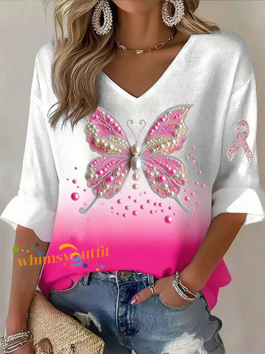 Women’s Breast Cancer Awareness Butterfly Waffle T shirt Pink / S