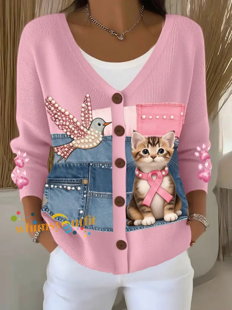 Women’s breast cancer awareness cat hummingbird cardigans Pink / S