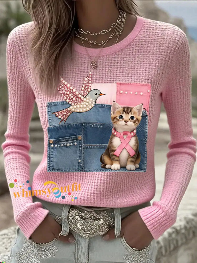 Women’s Breast Cancer Awareness Cat Hummingbird Tops Pink / S