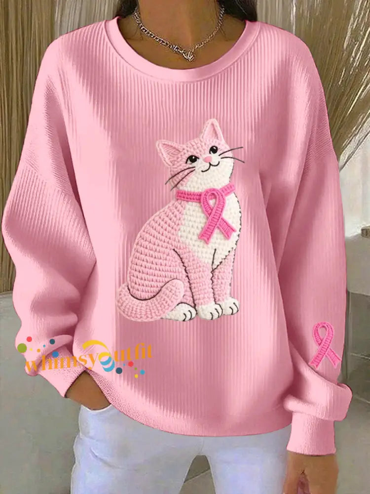 Women’s Breast Cancer Awareness Cat Pattern Sweatshirt Pink / S