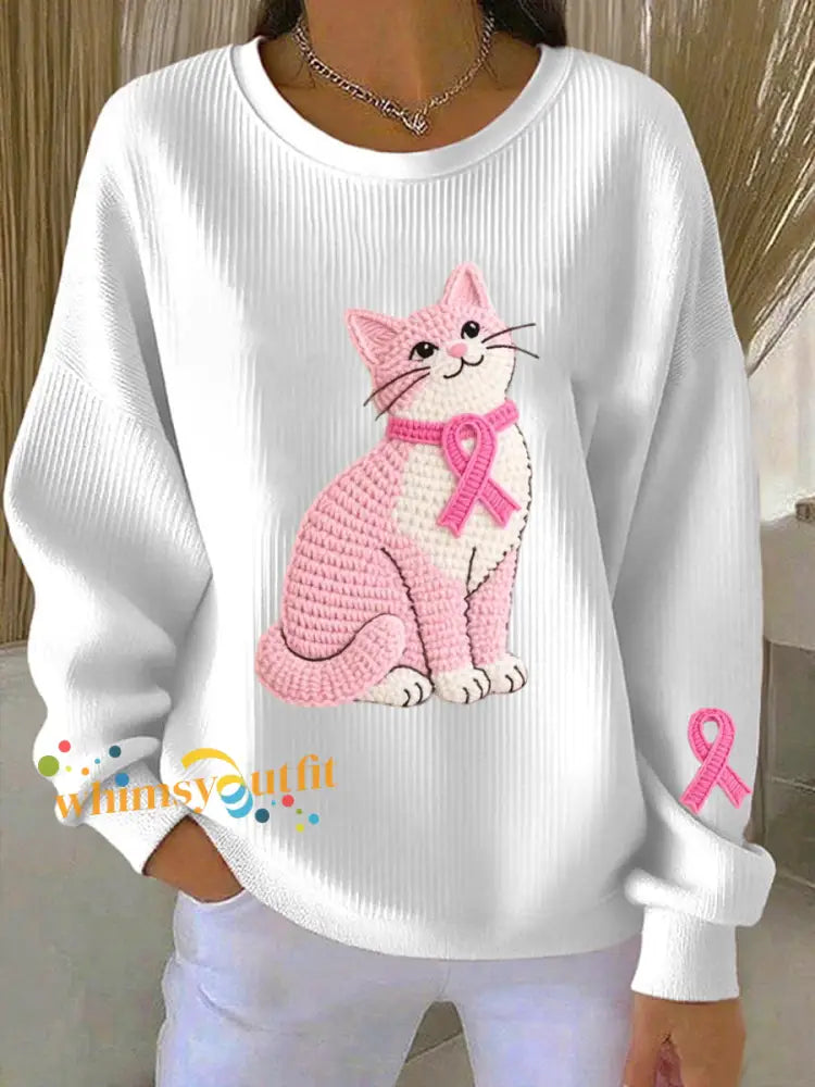 Women’s Breast Cancer Awareness Cat Pattern Sweatshirt White / S