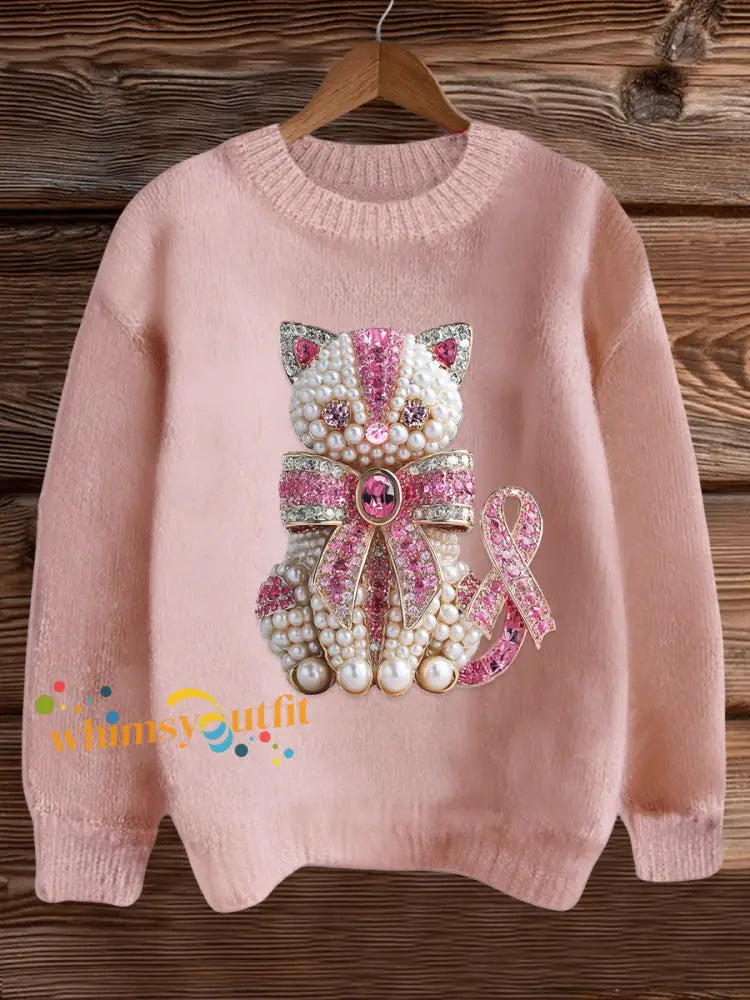 Women’s Breast Cancer Awareness Cat Print Sweatshirt Pink / S