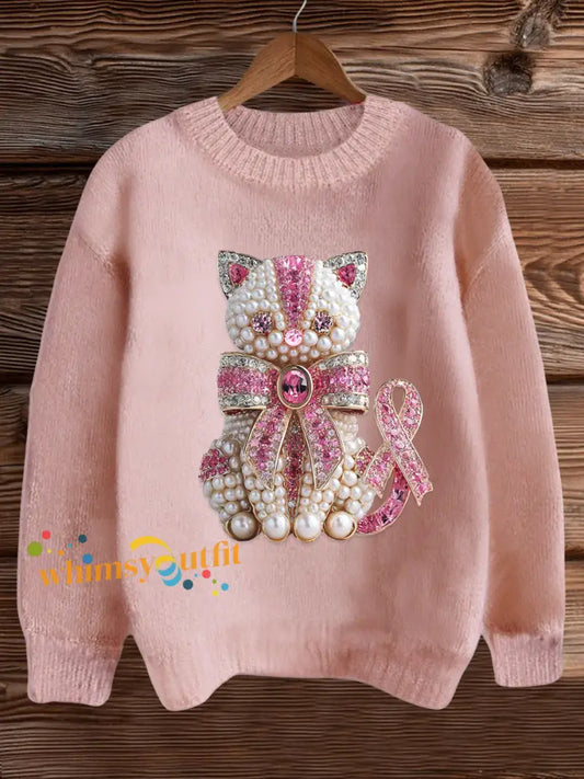 Women’s Breast Cancer Awareness Cat Print Sweatshirt Pink / S