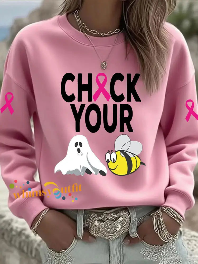 Women’s Breast Cancer Awareness Check Your Boo Bees Printed Casual Sweatshirt Pink / S