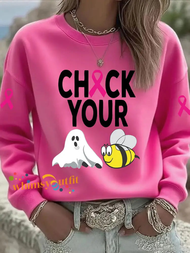 Women’s Breast Cancer Awareness Check Your Boo Bees Printed Casual Sweatshirt Rose Red / S