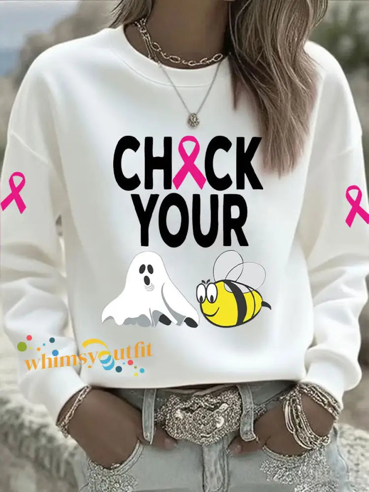 Women’s Breast Cancer Awareness Check Your Boo Bees Printed Casual Sweatshirt White / S