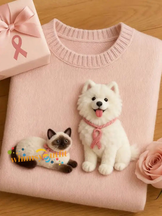 Women’s Breast Cancer Awareness Cute Animal Regular Sweater Pink / S