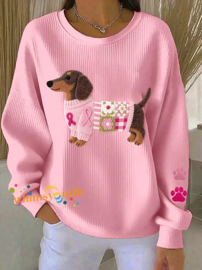 Women’s Breast Cancer Awareness Dachshund Felt Art Sweatshirt Pink / S