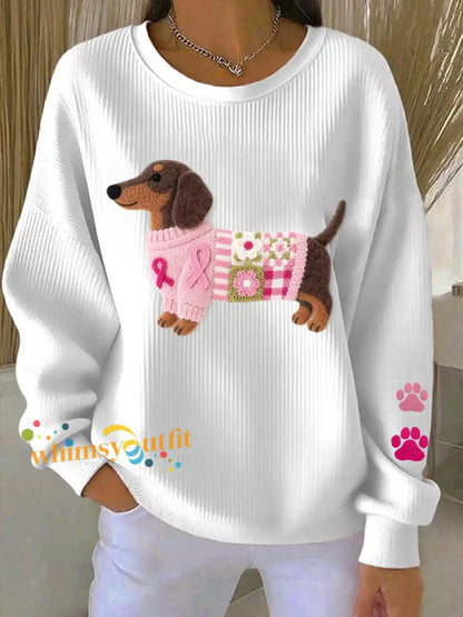 Women’s Breast Cancer Awareness Dachshund Felt Art Sweatshirt White / S