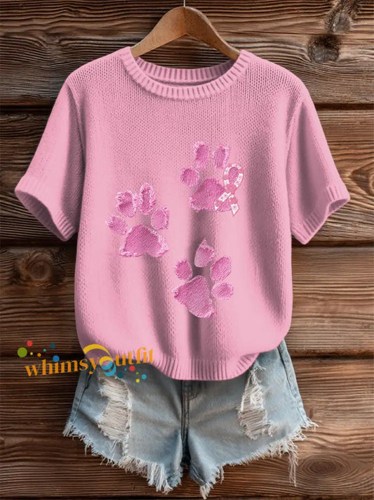Women’s Breast Cancer Awareness Denim Dog Paw Print T Shirt Pink / S