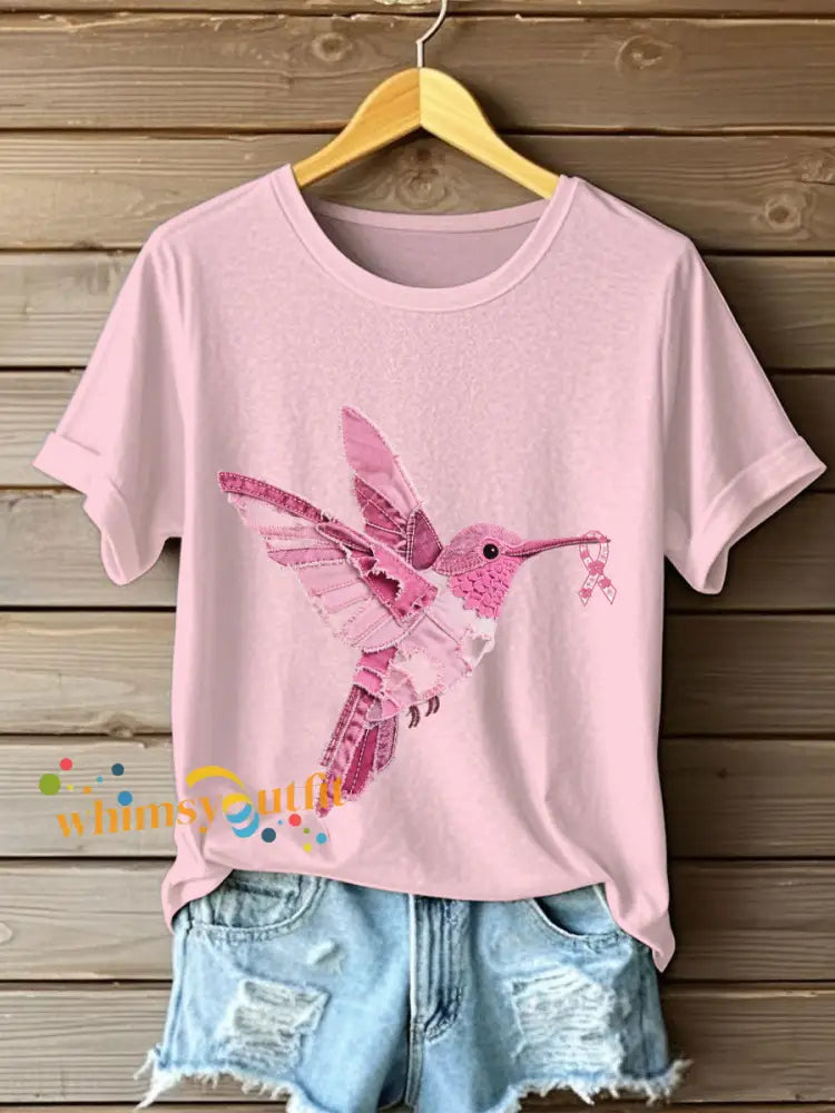 Women’s Breast Cancer Awareness Denim Hummingbird Print T Shirt Light Pink / S