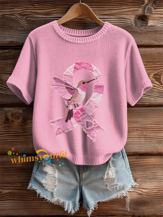 Women’s Breast Cancer Awareness Denim Hummingbird Print T Shirt Pink / S