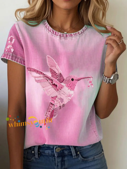 Women’s Breast Cancer Awareness Denim Hummingbird Print T Shirt Pink / S
