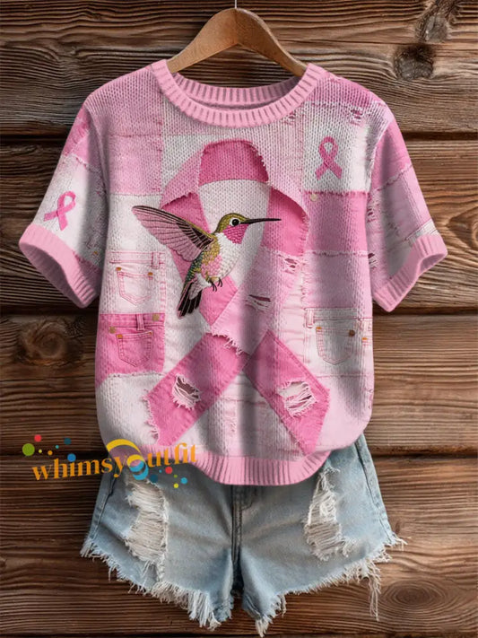 Women’s Breast Cancer Awareness Denim Hummingbird Print T Shirt Pink / S