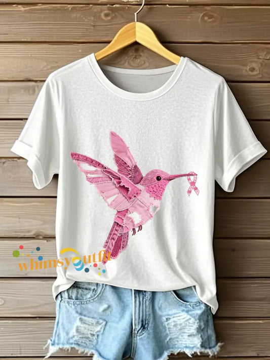 Women’s Breast Cancer Awareness Denim Hummingbird Print T Shirt White / S