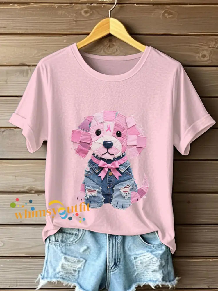 Women’s Breast Cancer Awareness Denim Puppy Print T Shirt Light Pink / S