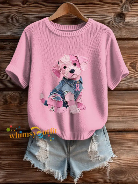 Women’s Breast Cancer Awareness Denim Puppy Print T Shirt Pink / S