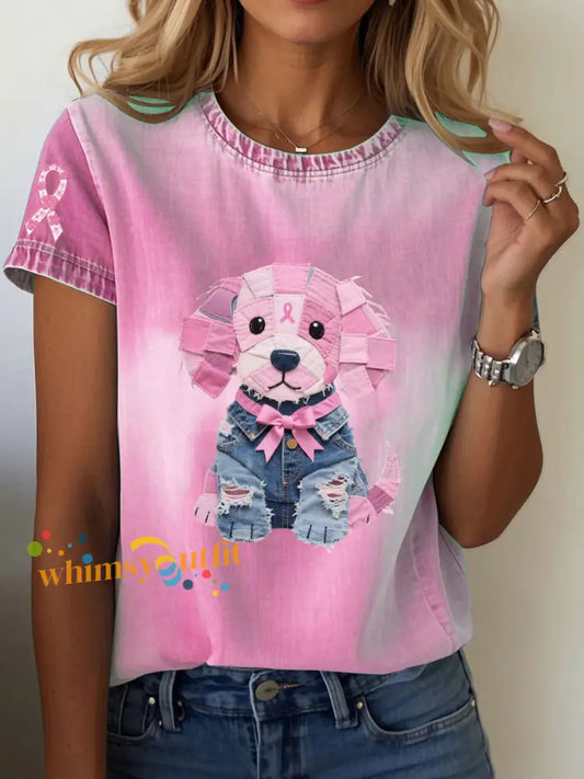 Women’s Breast Cancer Awareness Denim Puppy Print T Shirt Pink / S
