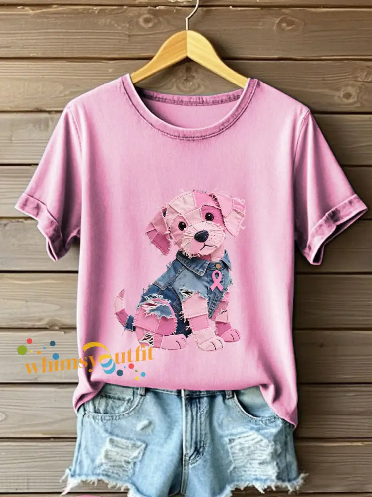 Women’s Breast Cancer Awareness Denim Puppy Print T Shirt Pink / S