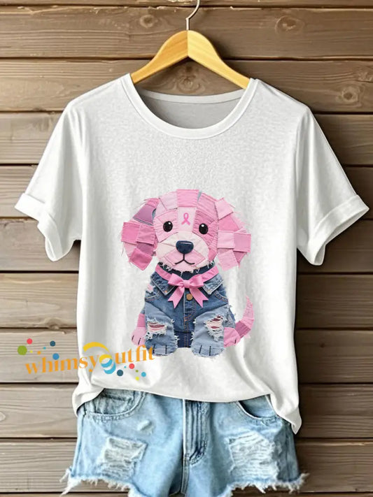 Women’s Breast Cancer Awareness Denim Puppy Print T Shirt White / S
