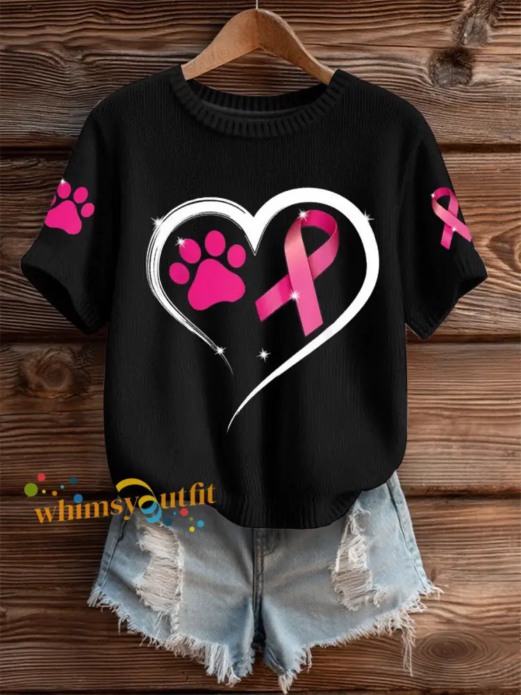 Women’s Breast Cancer Awareness Dog Paw Imitation Sweater Short sleeved T shirt Black / S