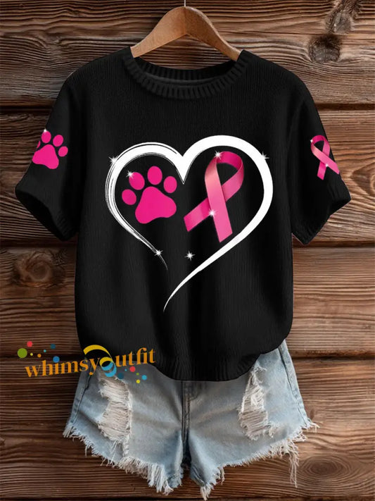 Women’s Breast Cancer Awareness Dog Paw Imitation Sweater Short sleeved T shirt Black / S