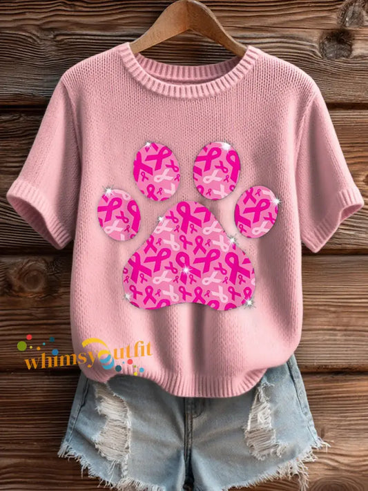 Women’s Breast Cancer Awareness Dog Paws Imitation Sweater Short sleeved T shirt Pink / S