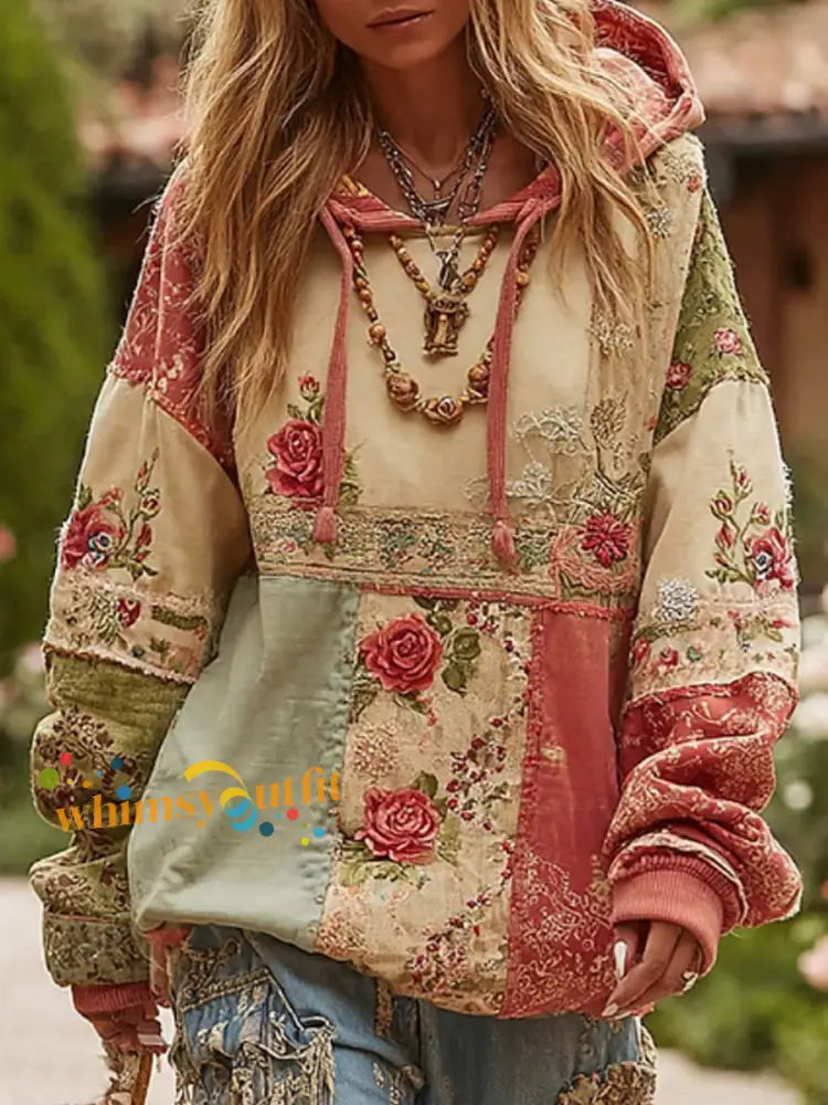 Women’s Breast Cancer Awareness Floral Patchwork Hoodie Pink / S