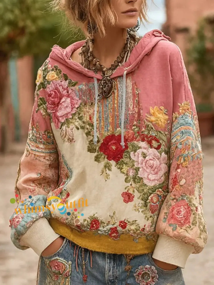 Women’s Breast Cancer Awareness Floral Patchwork Hoodie Pink / S