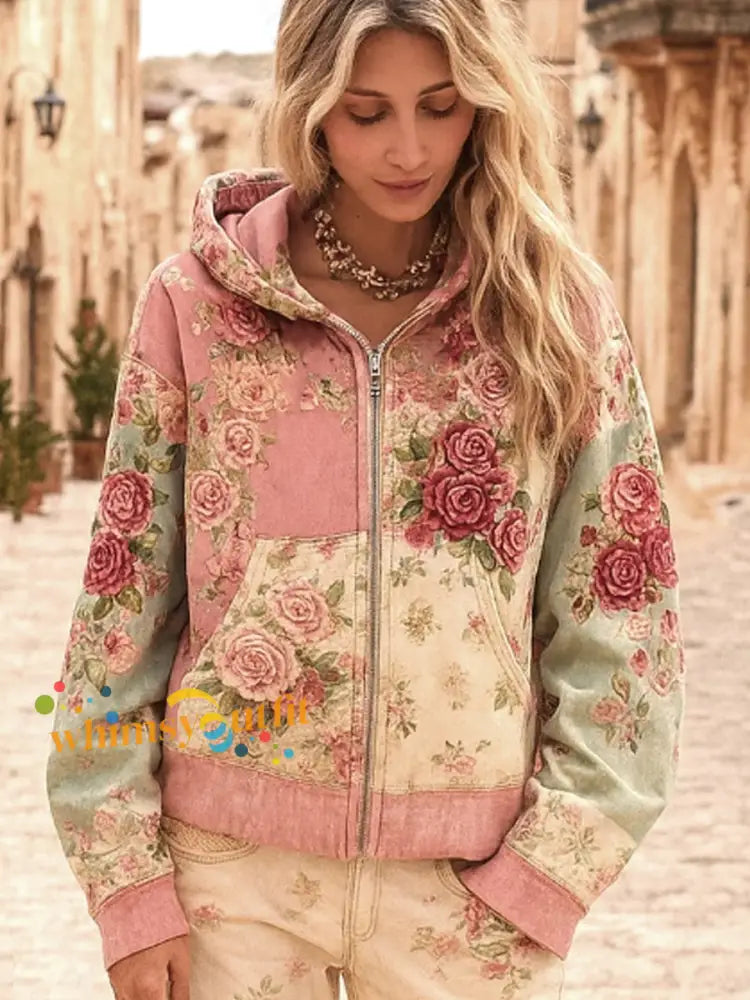 Women’s Breast Cancer Awareness Floral Patchwork Zip-Up Hoodie Pink / S