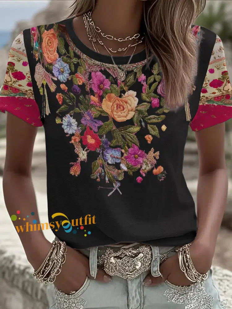 Women’s Breast Cancer Awareness Floral Printed T-shirt Black / S