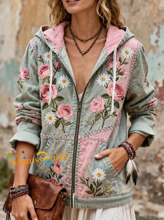 Women’s Breast Cancer Awareness Floral Printed Zip-Up Coat As picture / S