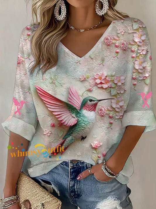 Women’s Breast Cancer Awareness Hummingbird Floral Long Sleeve Top As picture / S