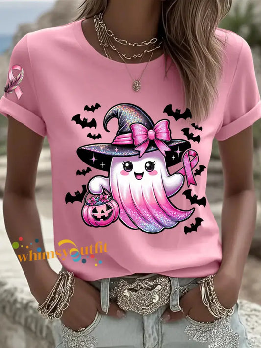 Women’s Breast Cancer Awareness In October We Wear Pink Ghost Pink Ribbon Short Sleeve T shirt Pink / S