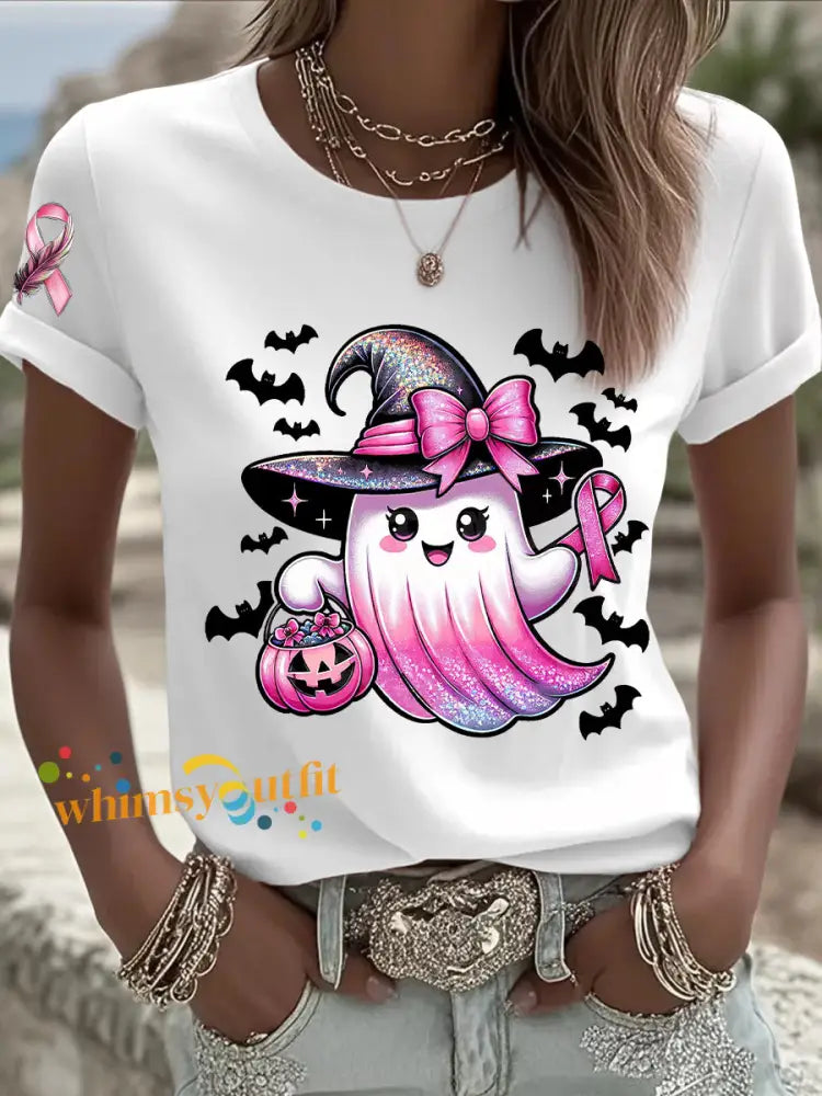 Women’s Breast Cancer Awareness In October We Wear Pink Ghost Pink Ribbon Short Sleeve T shirt White / S