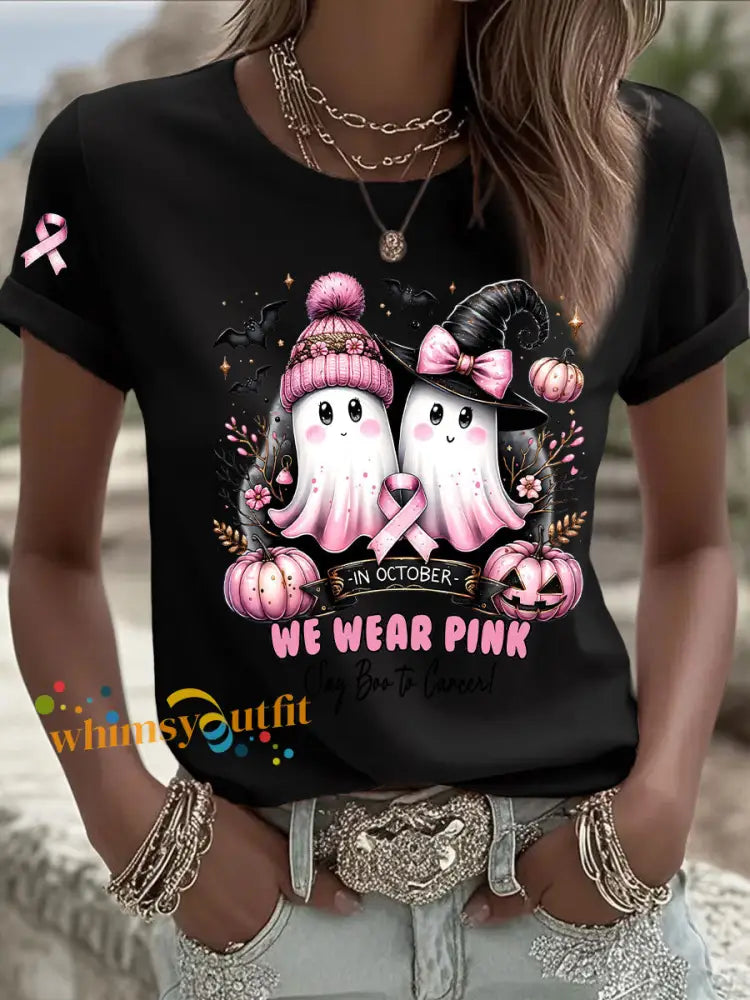 Women’s Breast Cancer Awareness In October We Wear Pink Print Casual T Shirt Black / S