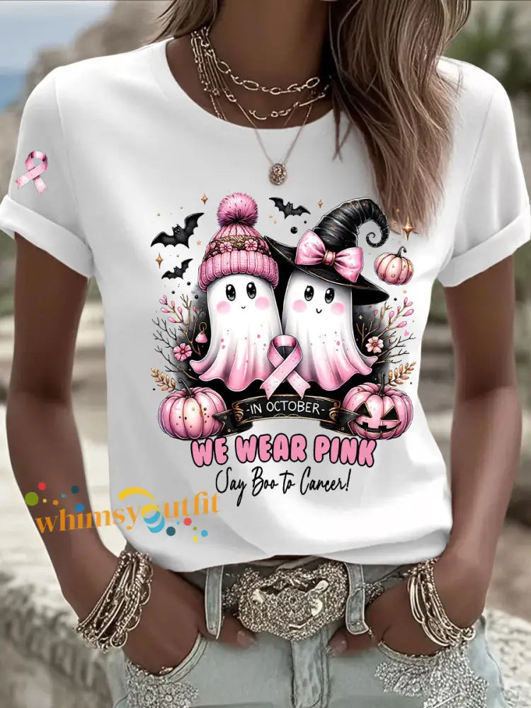 Women’s Breast Cancer Awareness In October We Wear Pink Print Casual T Shirt White / S