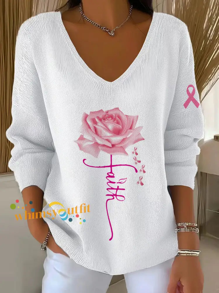 Women’s Breast Cancer Awareness Long Sleeve Top White / S